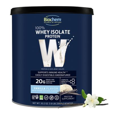 Biochem Whey Protein Isolate Powder - Vanilla Flavor, 20 Grams per Serving, Sourced from Grass Fed Cows, Non-GMO, Vegetarian, No Artificial Flavors or Sweeteners - Supports Muscle Mass &amp; Performance
