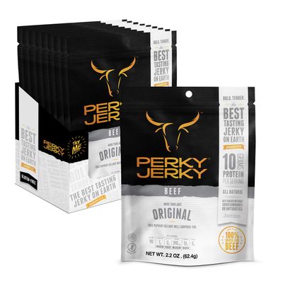 Perky Jerky Original 100% Grass Fed Beef Jerky, 2.2oz (Pack of 12)  Antibiotic Free  10g Protein Per Serving  Low Fat  Tender Texture and Bold Flavor