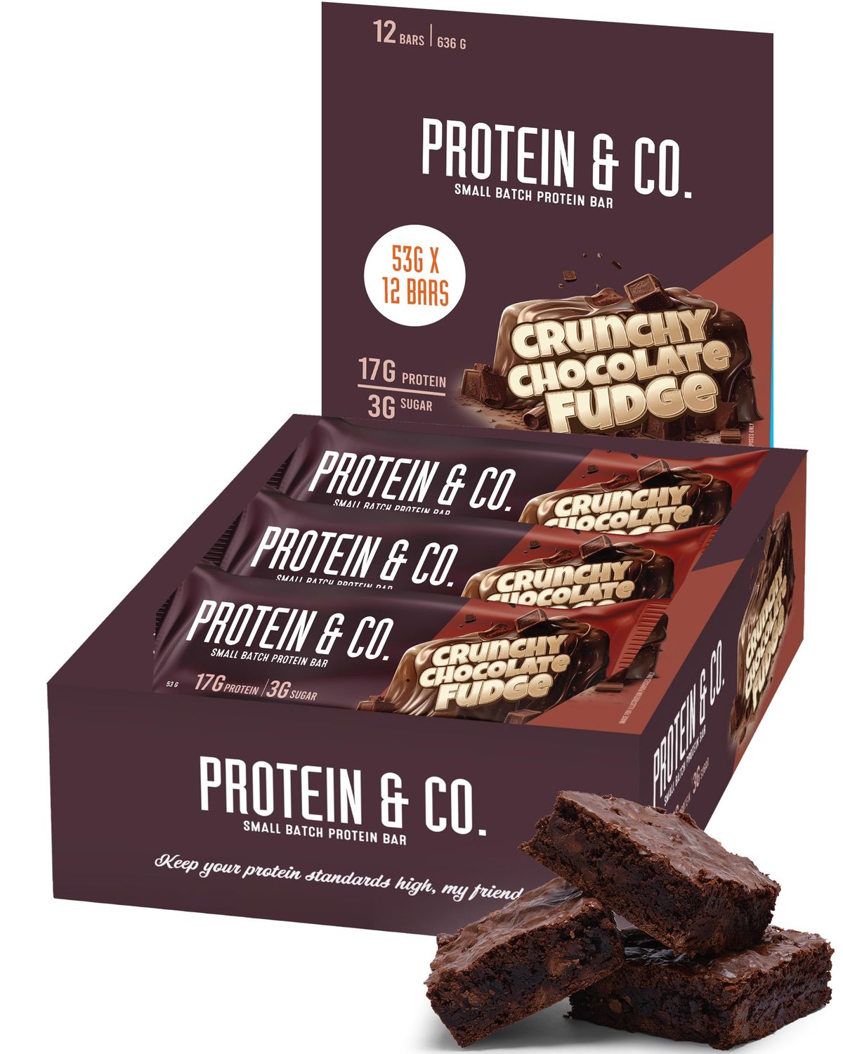 Protein &amp; Co. Protein Bars - Crunchy Chocolate Fudge Flavor - Low Sugar Energy Bars - On The Go Gym &amp; Office Snack - Nutraphase, 53g x 12