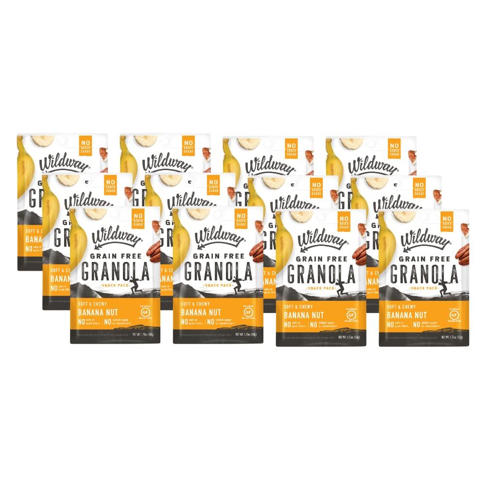 Wildway Keto Granola Snack Packs Banana Nut  Grain-Free Certified Gluten-Free Cereal  Vegan, Low Carb &amp; No Sugar Added  Paleo-Friendly, Non-GMO Fruit &amp; Nut Clusters  Nutrient-Rich Snack  12 Pack