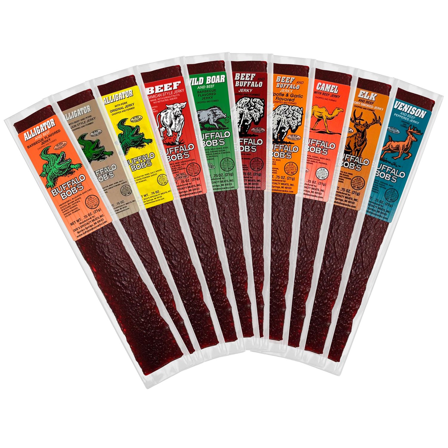 Buffalo Bob&#39;s Exotic Jerky (10-Pack), 10 Flavor Variety Pack of Exotic Snacks, Wild Game Jerky Variety Pack, Exotic Beef Jerky Gifts for Men, Stocking Stuffers for Men