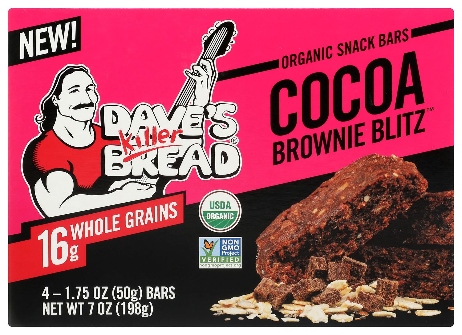 Dave&#39;s Killer Bread Organic Snack Bar, Cocoa Brownie Blitz, 16g Whole Grains, No Artificial Ingredients or Preservatives, Kosher, USDA Certified Organic, Non-GMO, 4 Count, 7 Ounce (Pack of 6)