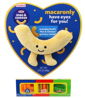 Kraft Mac &amp; Cheese Valentine&#39;s Day Heart Box with Kraft Mac &amp; Cheese gummy candies &amp; Macaroni Plush Toy Plus Kraft Gummy Candy Snack Pack, by Frankford Candy, Medium