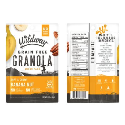 Wildway Keto Granola Snack Packs Banana Nut  Grain-Free Certified Gluten-Free Cereal  Vegan, Low Carb &amp; No Sugar Added  Paleo-Friendly, Non-GMO Fruit &amp; Nut Clusters  Nutrient-Rich Snack  12 Pack
