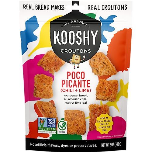 Kooshy Croutons - Poco Picante (Sourdough Bread, Garlic, Basil, Parmesan), All Natural, Vegetarian, Non-GMO Croutons for Salad, Soup and More, 5oz Pouch (1 Pack)