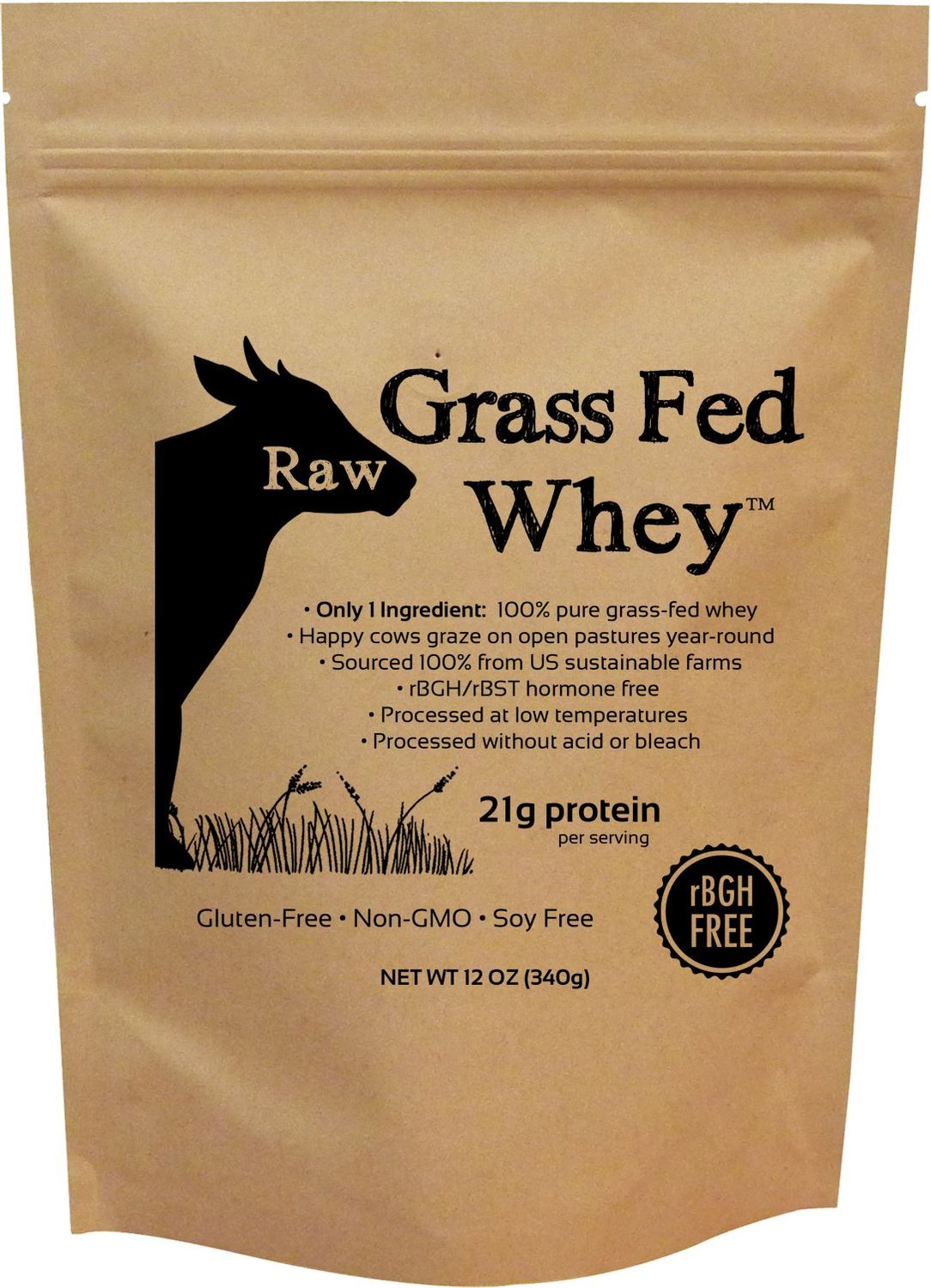 Raw Grass Fed Whey Protein Powder, Happy Healthy Cows, Undenatured, GMO-Free, Hormone Free, Gluten Free, Unflavored, Unsweetened, 12 OZ
