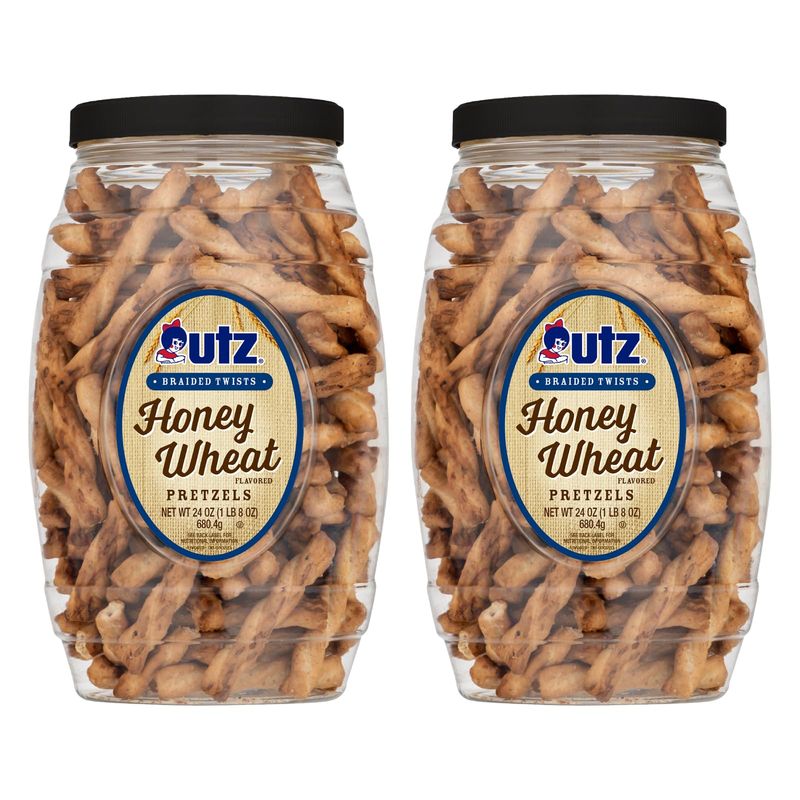 Utz Braided Honey Wheat Pretzel Twists - 24 oz Barrel (2 Count) - Sweet Honey Taste, Thick, Crunchy Pretzel Twists, Perfect for Dipping and Snacks, Zero Cholesterol Snack Food, Brown