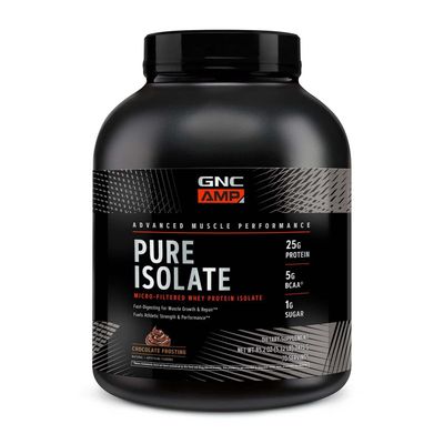 GNC AMP Pure Isolate Whey Protein Powder, Muscle Growth, Recovery, &amp; Performance, 25 G Protein, 5 G BCAA, 1 G Sugar, 130 Calories or Less, 3rd Party Tested, Gluten Free, Chocolate Frosting, 70 SVG
