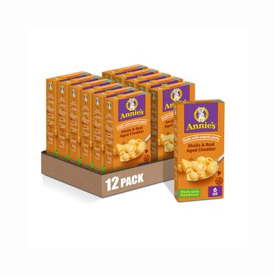Annie&#39;s Shells and Real Aged Cheddar Mac and Cheese with Organic Pasta, Made with Real Cheese, Dinner Side or Snacks, 6 oz (Pack of 12)