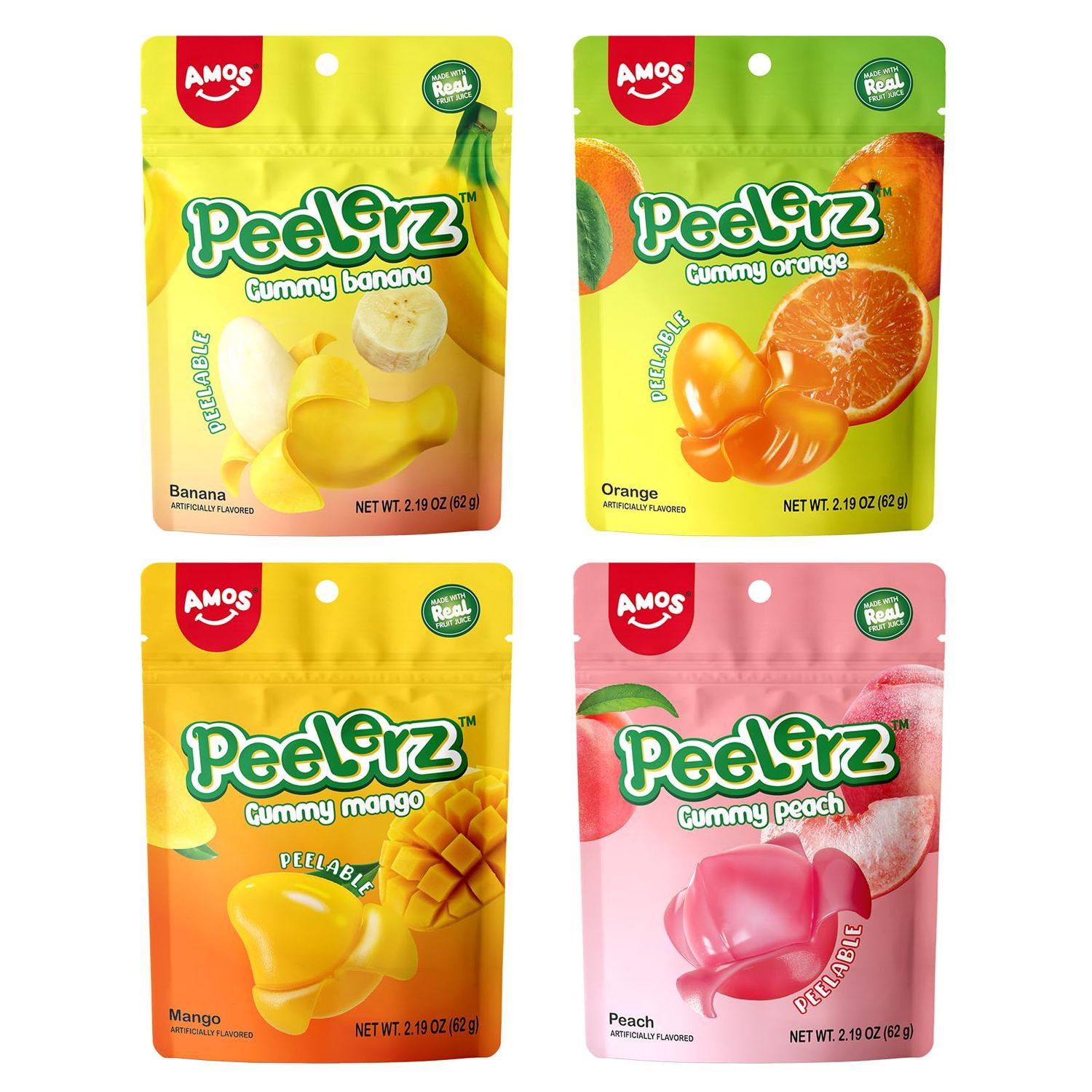 AMOS Peelerz Gummy Variety Pack - 4 Individual Packs in Mango, Orange, Peach &amp; Banana Flavors Treats