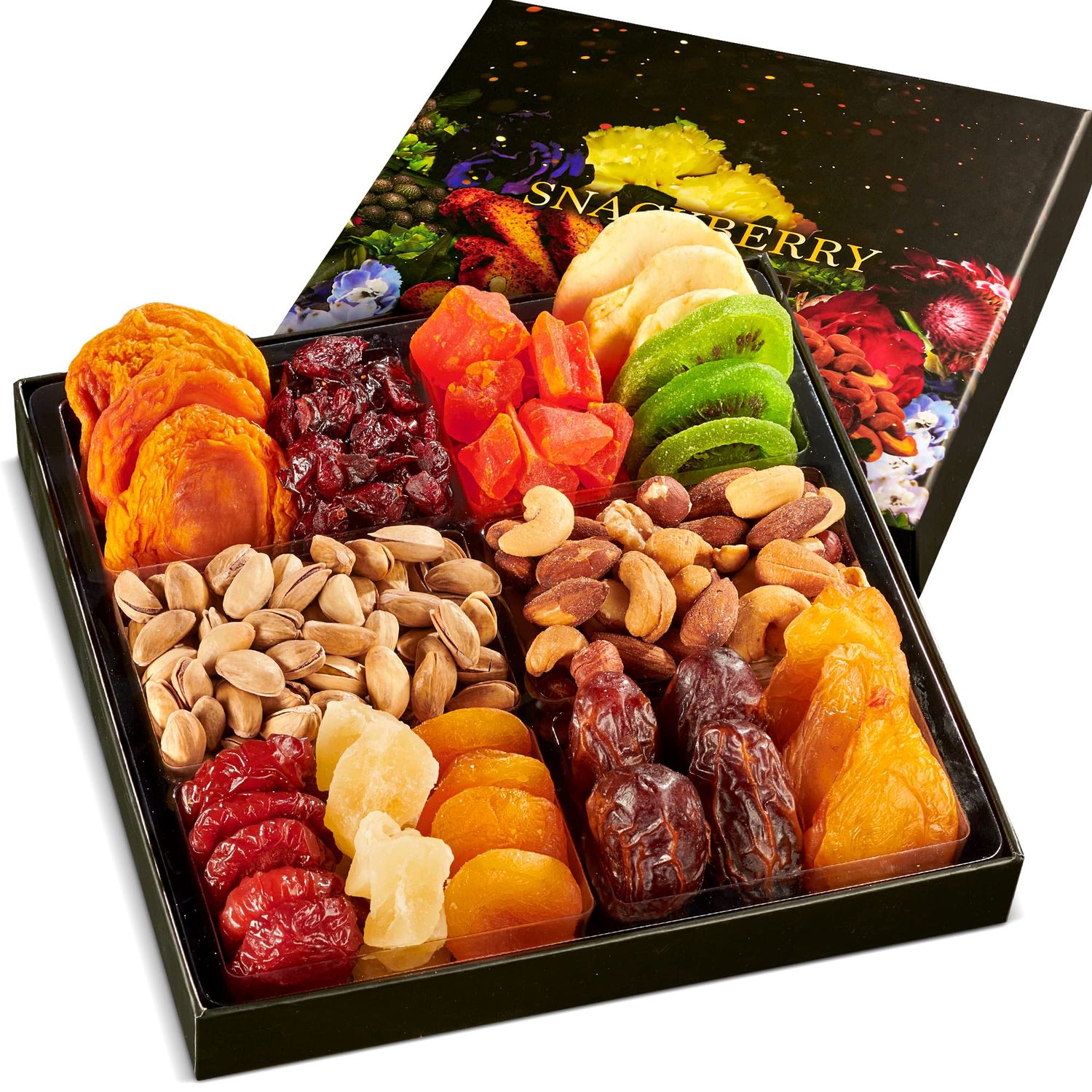 Dried Fruit &amp; Nuts Gift Basket Arrangement Platter, Gourmet Food Snack Box, Gift Basket, Birthday Care Package, Healthy Kosher - Her Him - 12 Snackberry Assortment (Single)
