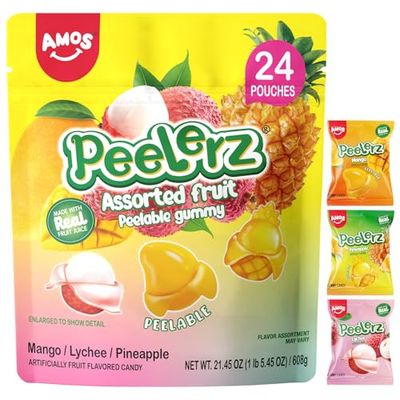 Amos Peelerz Assorted Peelable Gummy - Tropical Peeling Candy Variety Pack  Mango, Lychee &amp; Pineapple  24 Individual Packs (608g)  Fun, Chewy &amp; Shareable Treat