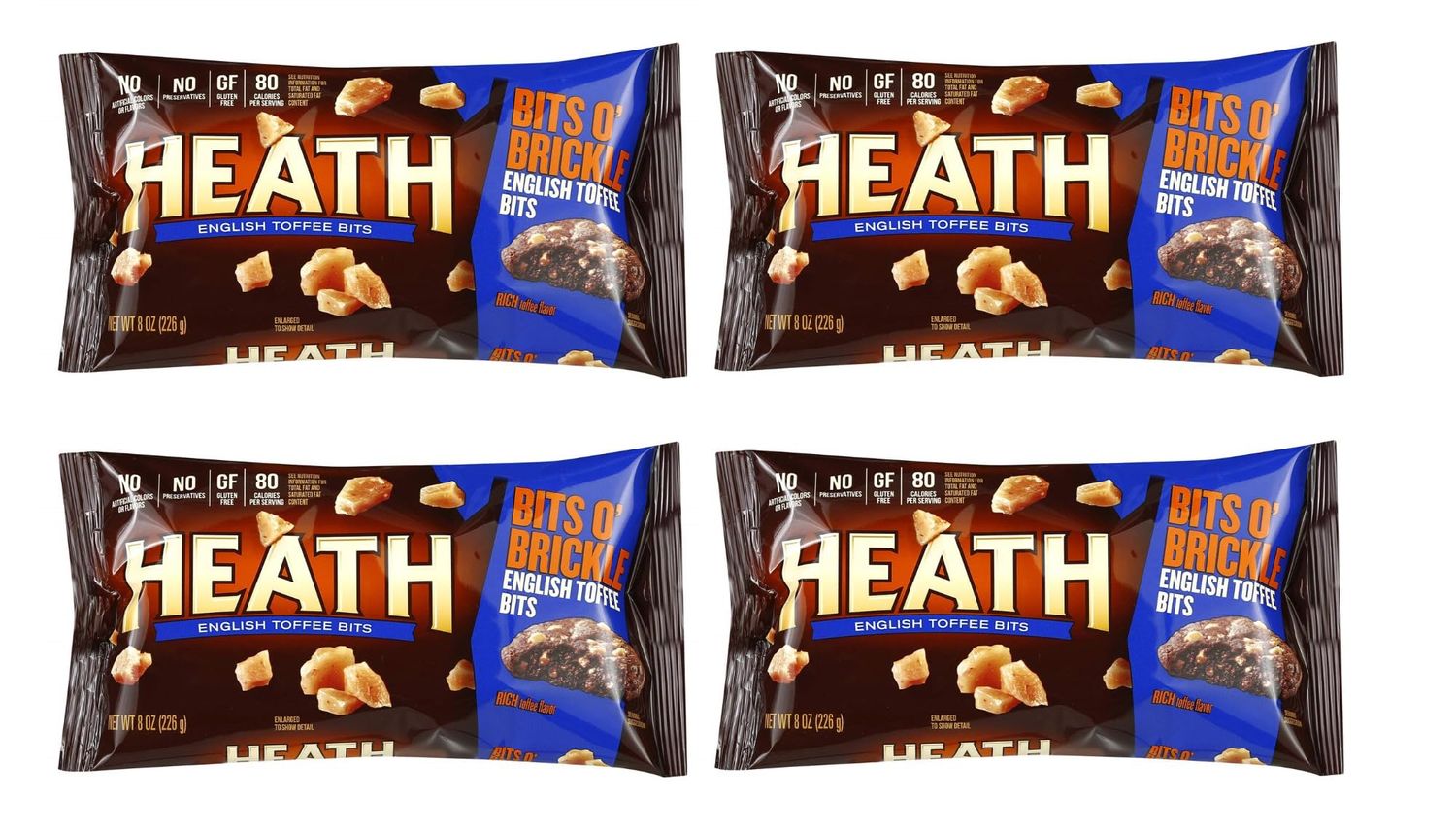 Smiling Sweets Heath English Toffee Bits O&#39; Brickle, (32oz Total of Bits) Plenty to Share and Stock the Pantry, Fun to Snack on or to Cook with Gluten Free - 8 oz (Pack of 4)
