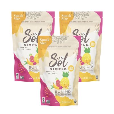 SOL SIMPLE Organic Dried SUN MIX  3oz Snack Pack (3 Bags Total)  Three Ingredients  Vegan  Non-GMO  No Added Sugar  Fair Trade  Dried Fruit No Sugar Added