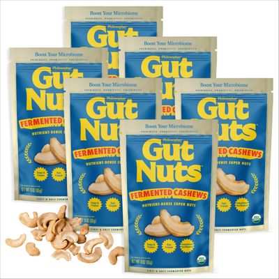 Philosopher Foods Gut Nuts - Fermented Cashews for Gut Health - Tangy, Umami, &amp; Salty Flavors - Super Crunchy Low Carb Keto Snacks - Low Sugar Prebiotic &amp; Postbiotic Cashew Snacks - 3oz Pouch (6 Pack)