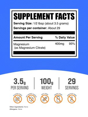 BulkSupplements.com Magnesium Citrate Powder - Magnesium 400mg Supplement, Easily Absorbable - Pure &amp; Gluten Free, 3.5g per Serving, 100g (3.5 oz) (Pack of 1)