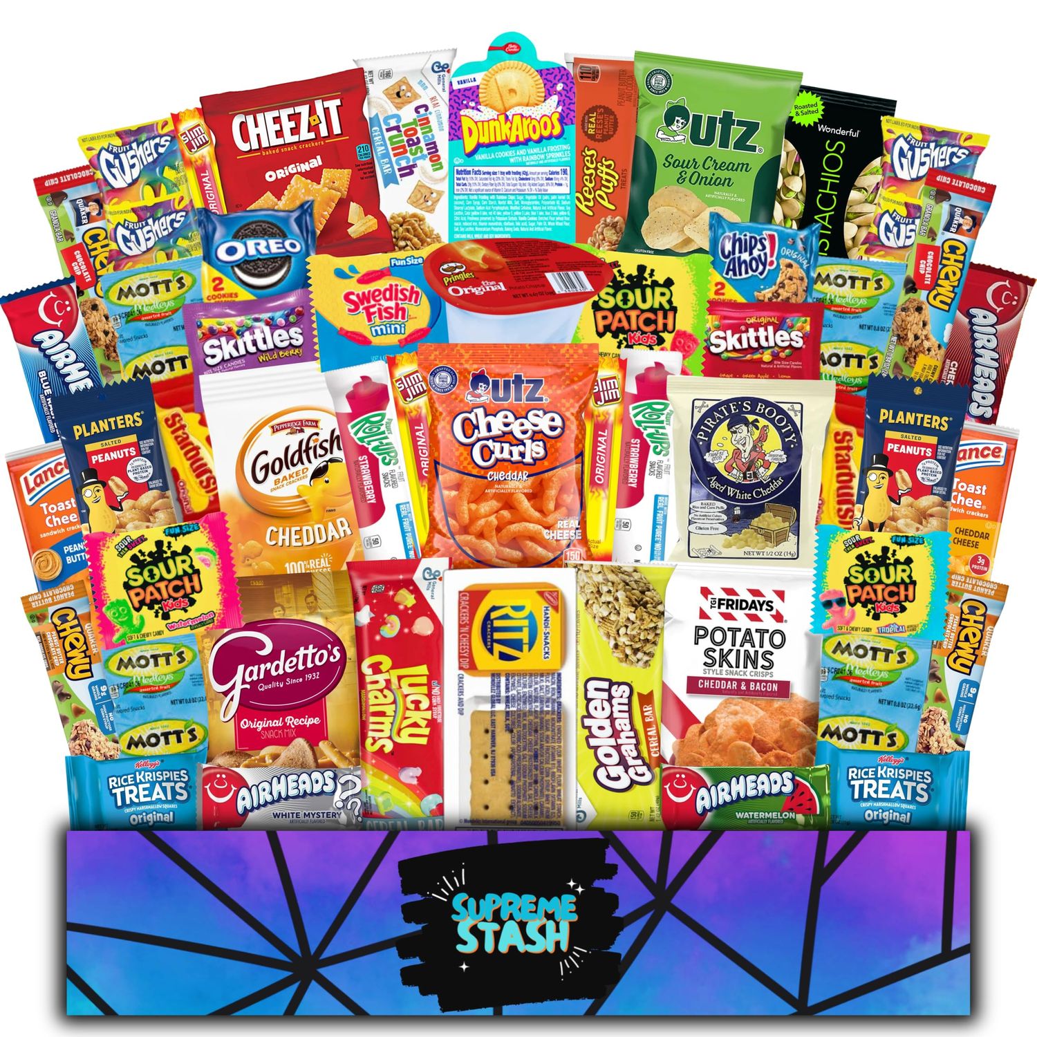 Supreme Stash 50 Pack Snack Variety Pack Gift Box for Kids Adults Camping Sleepover School Lunches Holiday Easter Candy Treats Chips Gift Box Nostalgia 90&#39;s Snacks College Student Care Package