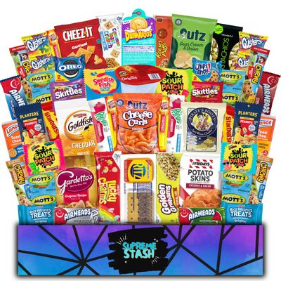 Supreme Stash 50 Pack Snack Variety Pack Gift Box for Kids Adults Camping Sleepover School Lunches Holiday Easter Candy Treats Chips Gift Box Nostalgia 90&#39;s Snacks College Student Care Package