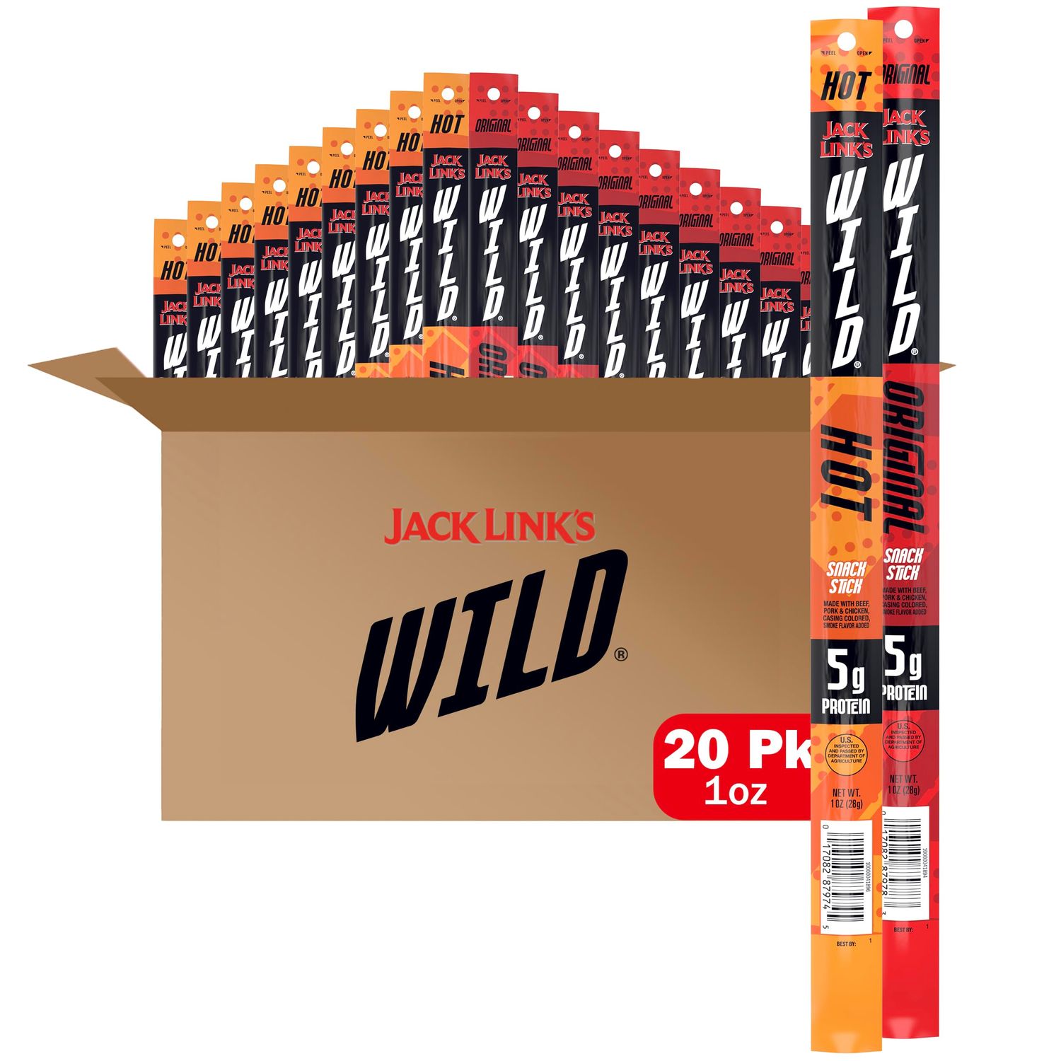 Jack Link&#39;s WILD Snack Sticks, Original and Hot Variety Pack - Protein Snack Sticks with 5g of Protein per Serving, Keto Friendly, Individually Wrapped - 1.0 Oz. (Pack of 20)