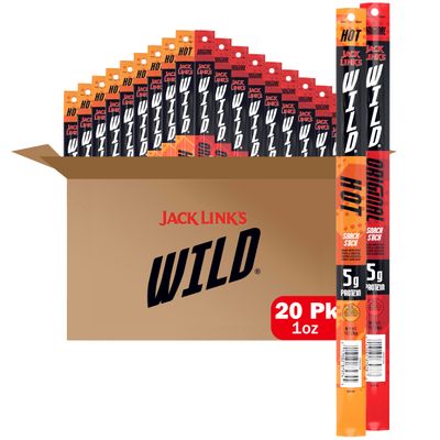 Jack Link&#39;s WILD Snack Sticks, Original and Hot Variety Pack - Protein Snack Sticks with 5g of Protein per Serving, Keto Friendly, Individually Wrapped - 1.0 Oz. (Pack of 20)