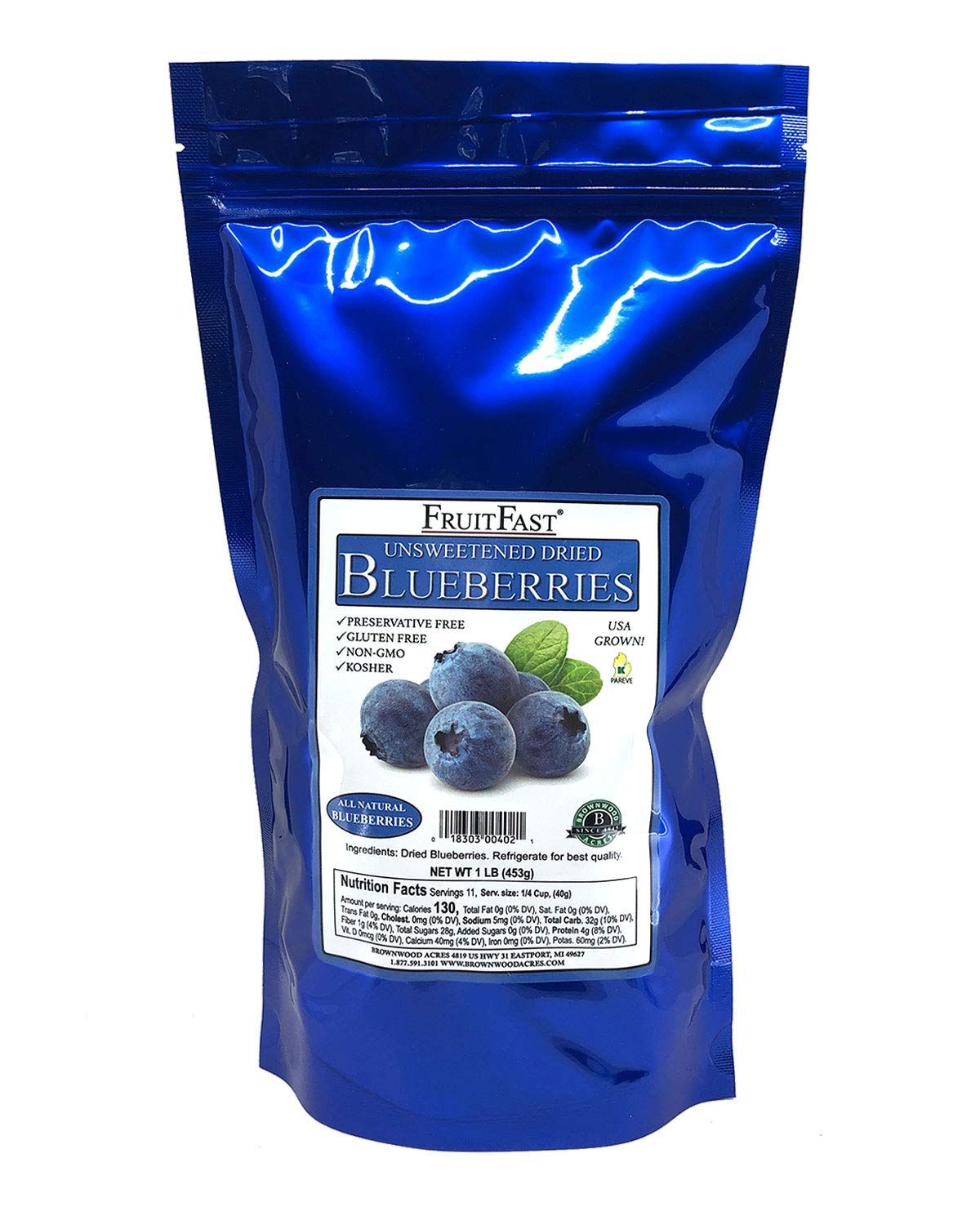 Unsweetened Dried Blueberries by Brownwood Acres - FruitFast  Non-GMO, Gluten Free, Kosher Certified All Natural Healthy Snack - No Added Sugars, Oils or fillers - Just Blueberries (1 Pound)