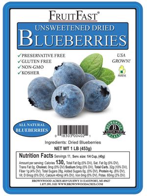 Unsweetened Dried Blueberries by Brownwood Acres - FruitFast Non-GMO, Gluten Free, Kosher Certified All Natural Healthy Snack - No Added Sugars, Oils or fillers - Just Blueberries (1 Pound)