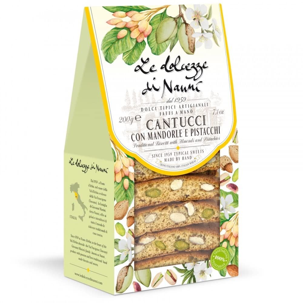 Le Dolcezze di Nanni. Traditional Cantucci Biscotti with Almonds and Pistachios. 200g (7.05oz)