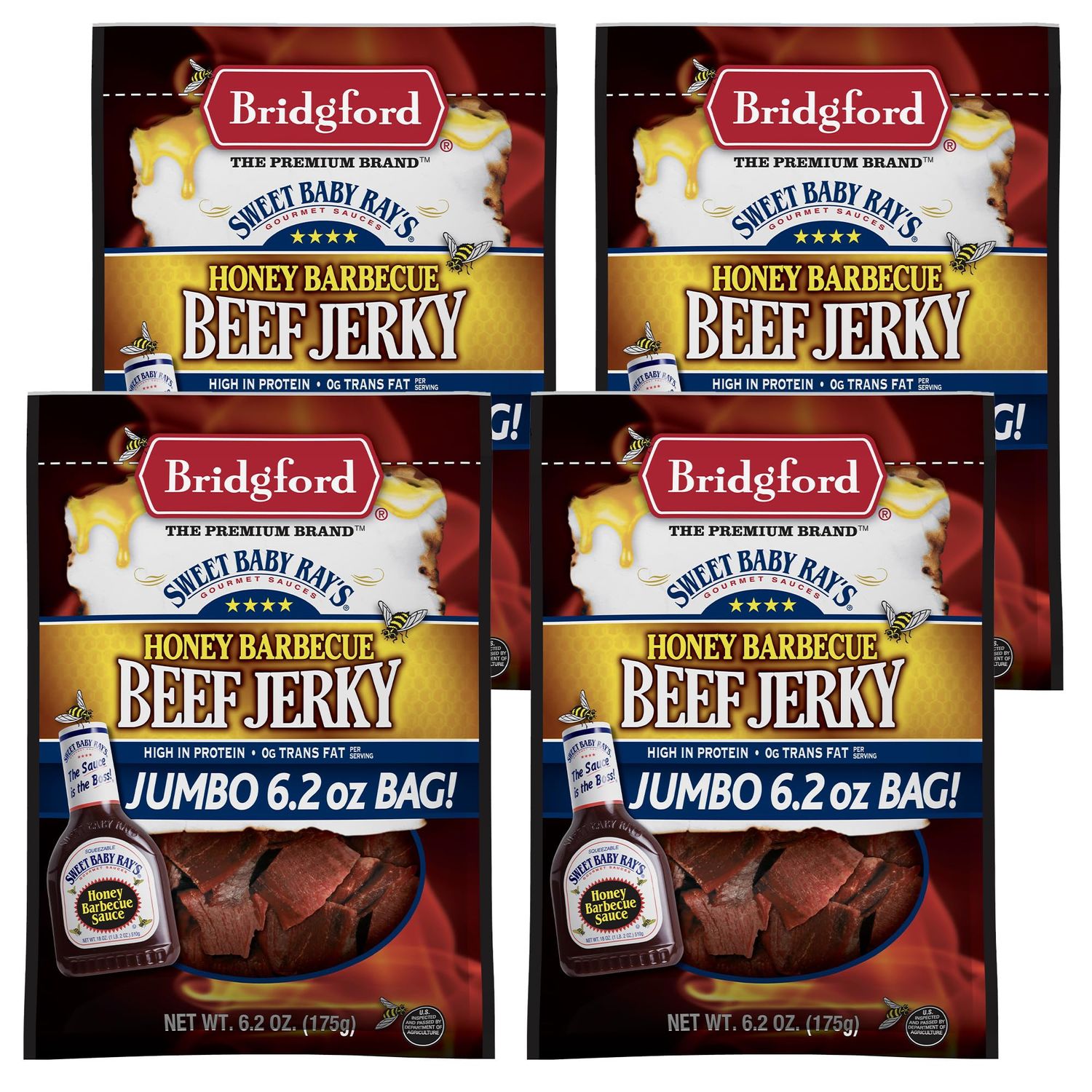 Bridgford Sweet Baby Rays Beef Jerky Honey BBQ 6.2 oz Pack of 4 - High Protein Jerky for Midday Energy Boost or Post Workout Snack - Naturally Smoked Ready to Eat Meat Snacks for On the Go Snacking