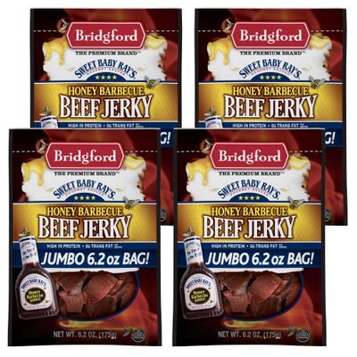 Bridgford Sweet Baby Rays Beef Jerky Honey BBQ 6.2 oz Pack of 4 - High Protein Jerky for Midday Energy Boost or Post Workout Snack - Naturally Smoked Ready to Eat Meat Snacks for On the Go Snacking