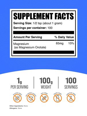 BulkSupplements.com Magnesium Orotate Powder - High Absorption Magnesium Supplement - Unflavored & Gluten Free, 1g per Serving, 100g (3.5 oz) (Pack of 1)