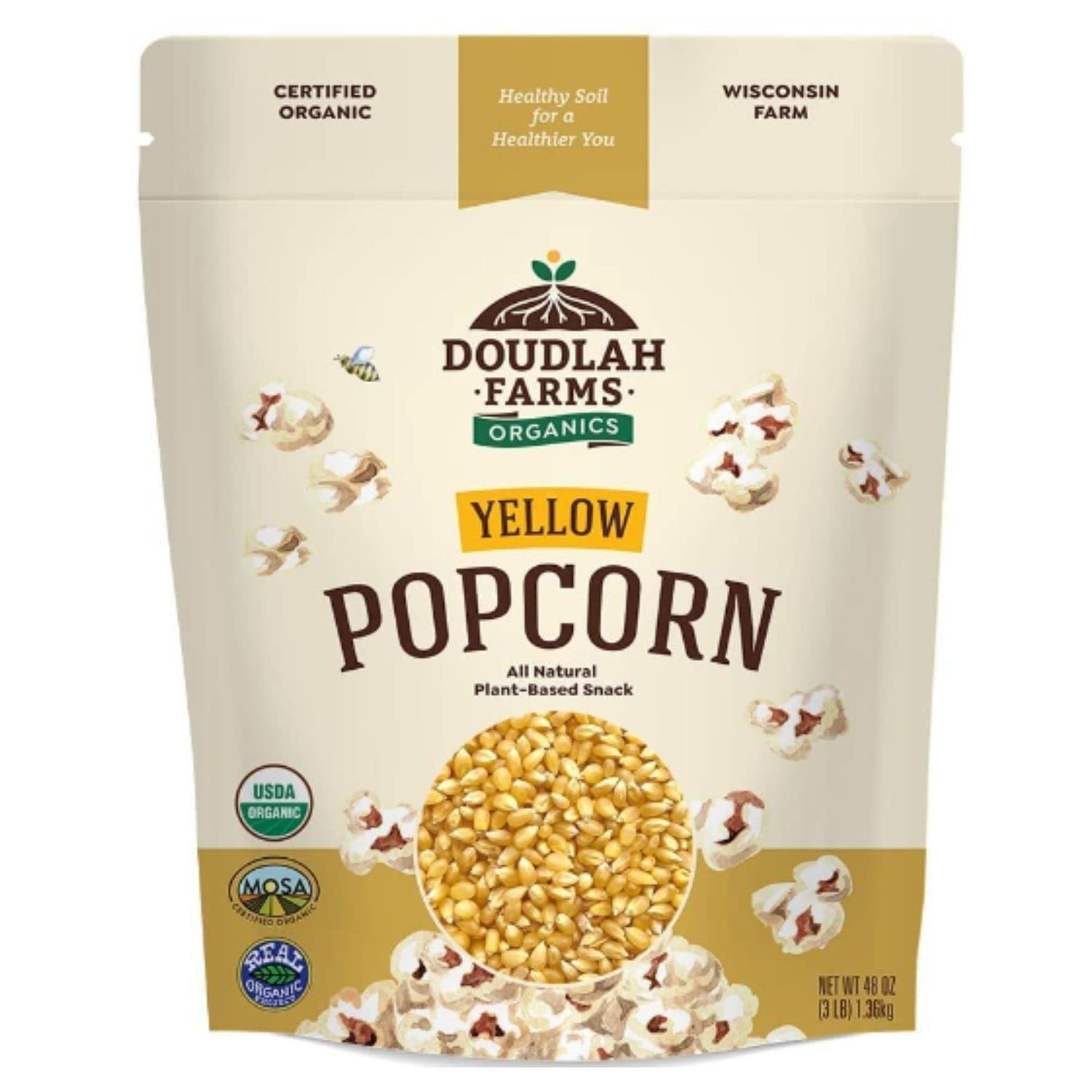 Organic Yellow Popcorn Kernels UnPopped 3lb by Doudlah Farms - Gluten-Free, Non-GMO, Grown In Wisconsin USA, Pesticide-Free, Chemical-Free, Glyphosate-Free, Farmed From Regenerative Soil