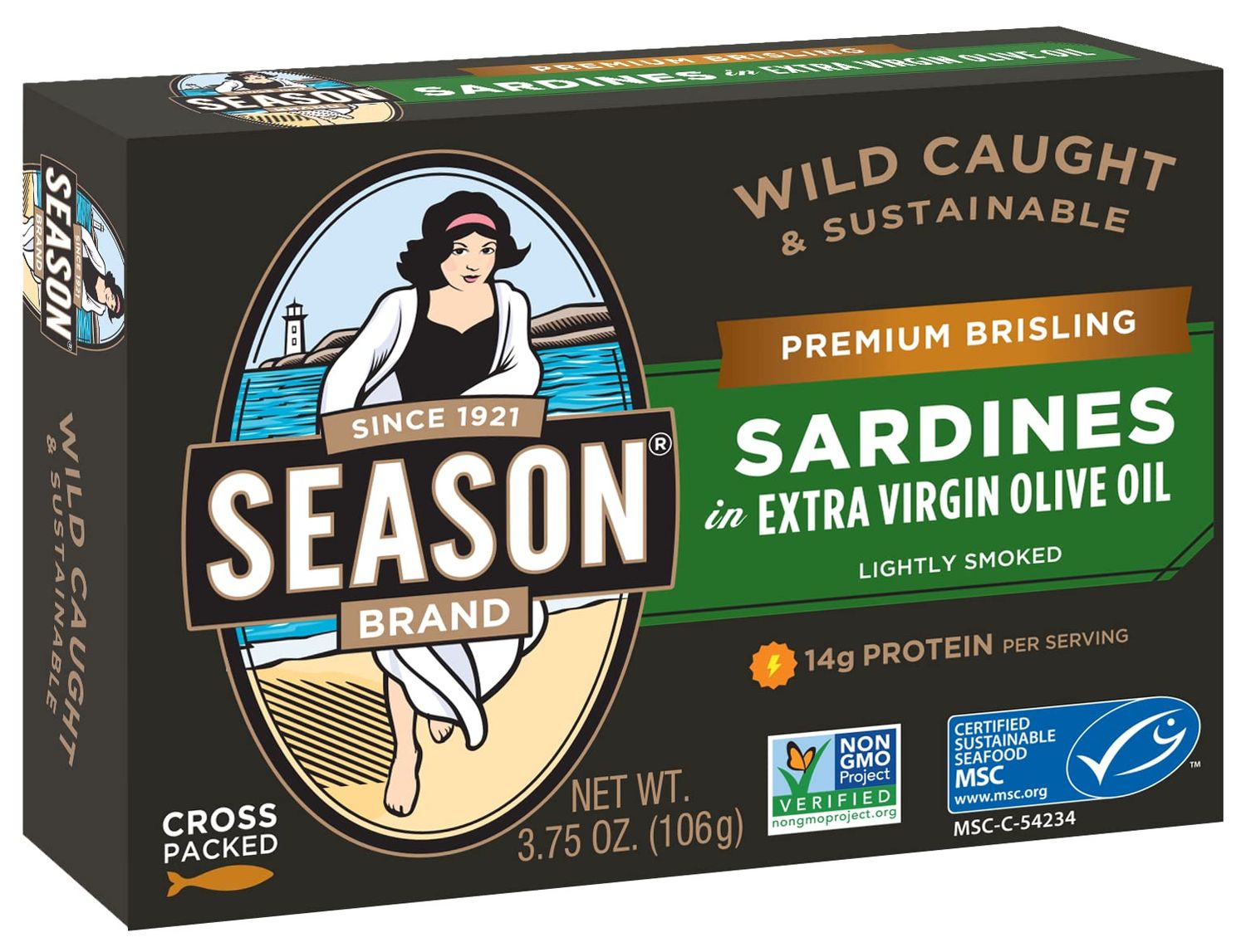 Season Brisling Sardines in Extra Virgin Olive Oil - Wild Caught, 14g of Protein, Keto Snacks, More Omega 3&#39;s Than Tuna, Kosher, High in Calcium, Canned Sardines, Cross Packed - 3.37 Oz Tins, 6-Pack