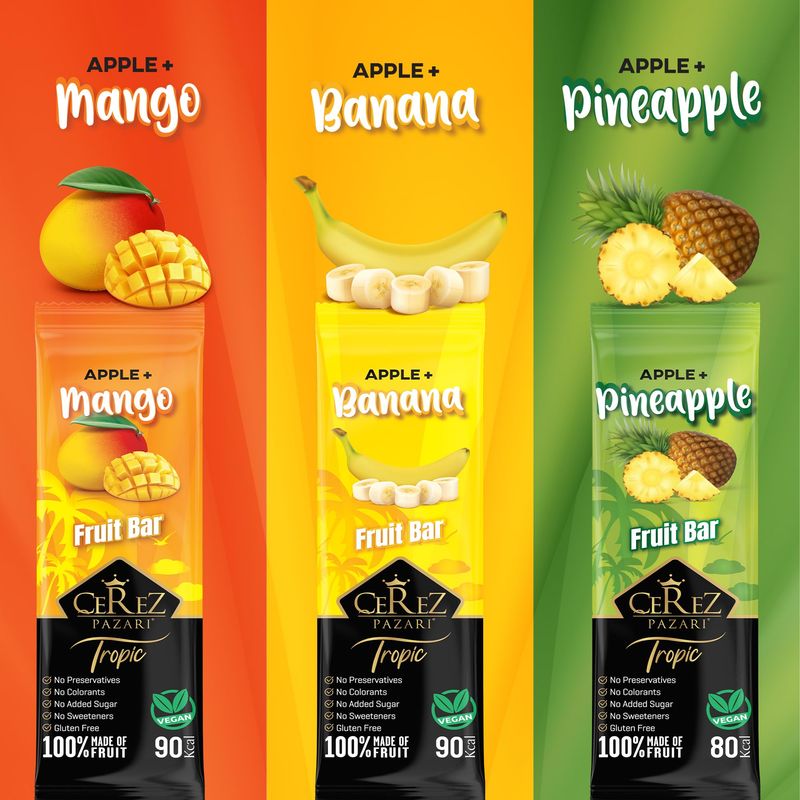 Cerez Pazari Fruit Leather Snacks Variety Pack For Adults And Kids, Healthy Fruit Snacks Bulk, No Added Sugar, Gluten-Free, Vegan, Pineapple, Banana, &amp; Mango, Individually Wrapped, 15 Pcs, 0.88 oz.