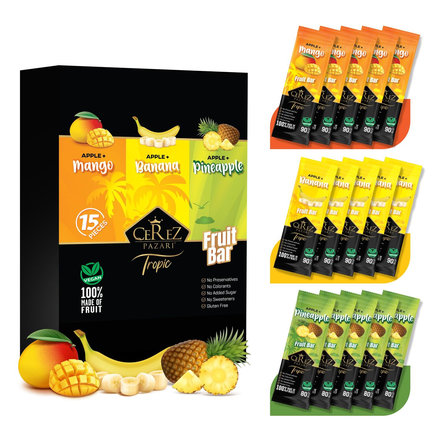 Cerez Pazari Fruit Leather Snacks Variety Pack For Adults And Kids, Healthy Fruit Snacks Bulk, No Added Sugar, Gluten-Free, Vegan, Pineapple, Banana, &amp; Mango, Individually Wrapped, 15 Pcs, 0.88 oz.