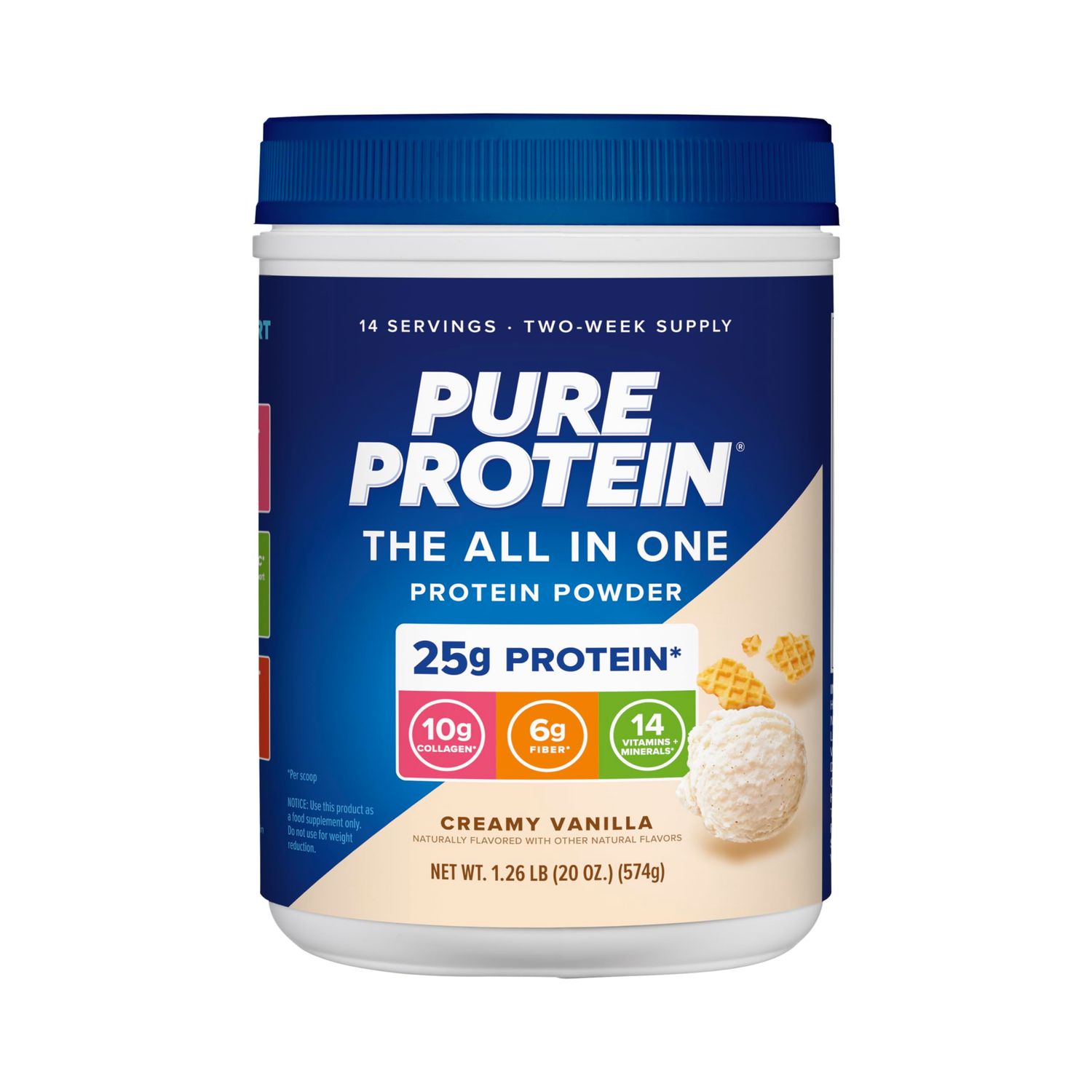 Pure Protein All-In-One Powder, Vanilla - Whey &amp; Collagen, High Fiber, Vitamins, No Added Sugar, Non-GMO, Gluten-Free, 1.25lb