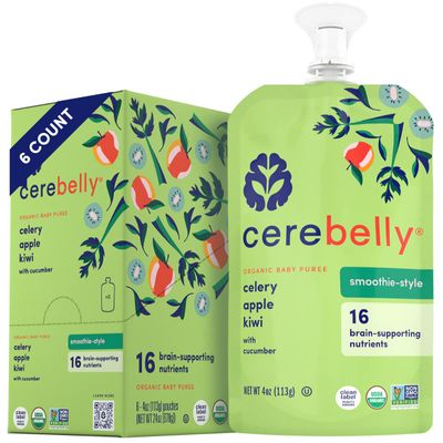 Cerebelly Baby Food Pouches - Organic Dairy Free Smoothies for Toddlers  No Added Sugar, Fiber, Non-GMO  Baby Smoothie Pouches  4 Ounce BPA-Free Pouch  Celery Apple Kiwi  6 Count