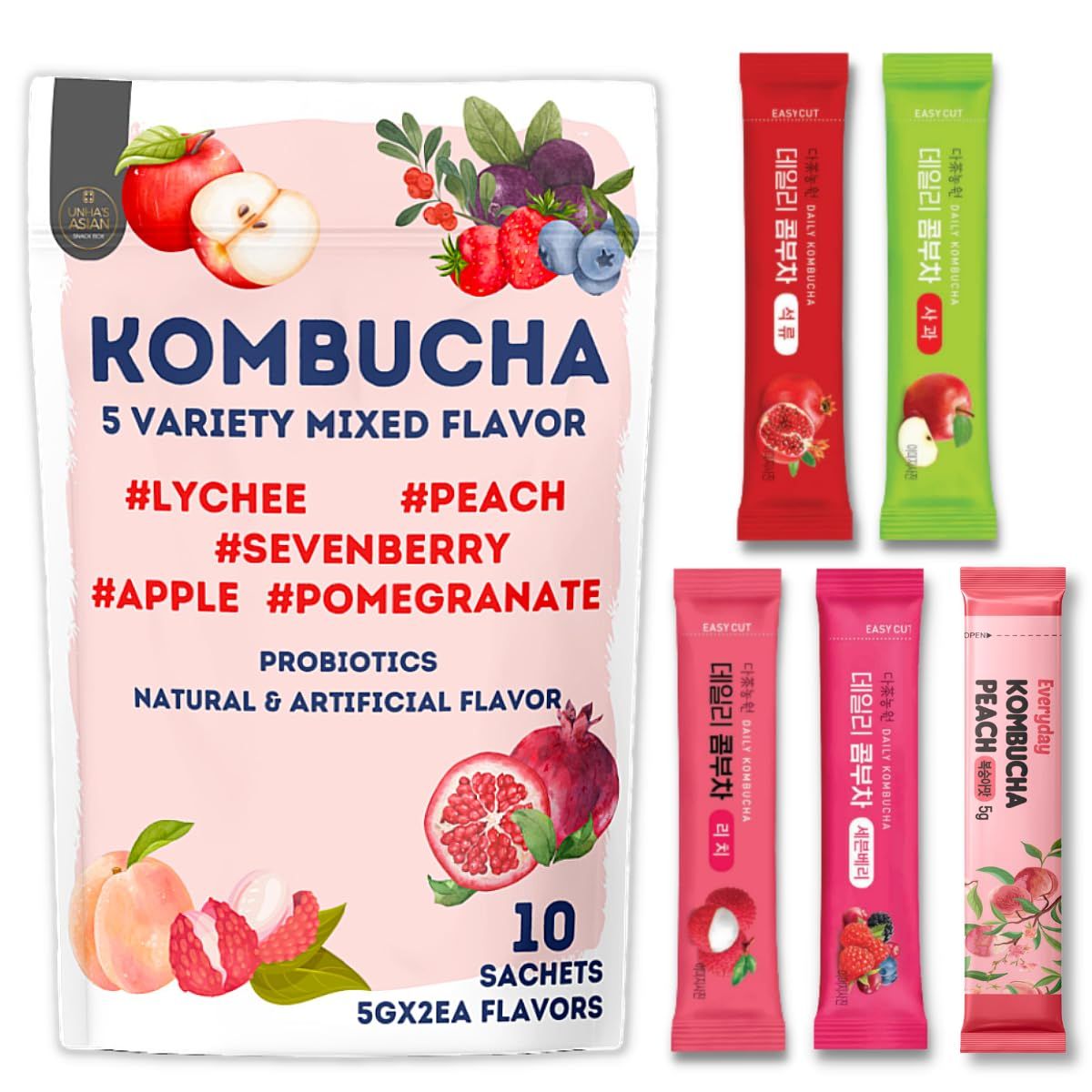 Garden Kombucha Tea, Powder 5g x 10 Sachets (50g/3.52oz) Probiotics, Prebiotics, Sugar Free, Diet Tea, Healthy Drink (5 Variety Flavor)