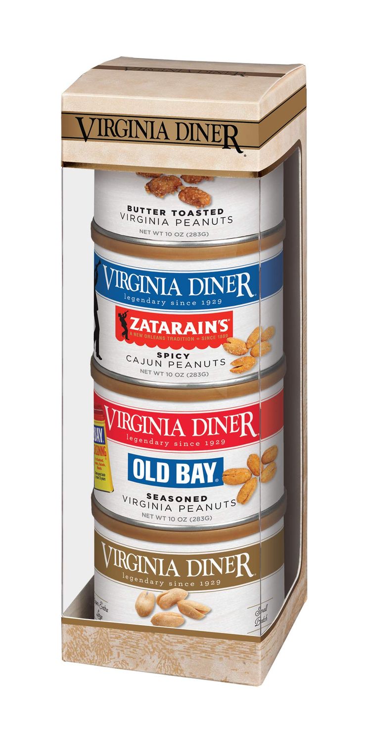 Virginia Diner Tower of Traditions Gift Set - Virginia Peanuts Gift Set Non-GMO, Preservative Free from Virginia Since 1929 - Salted, Butter Toasted, Cajun &amp; Old Bay - 10 Oz Can