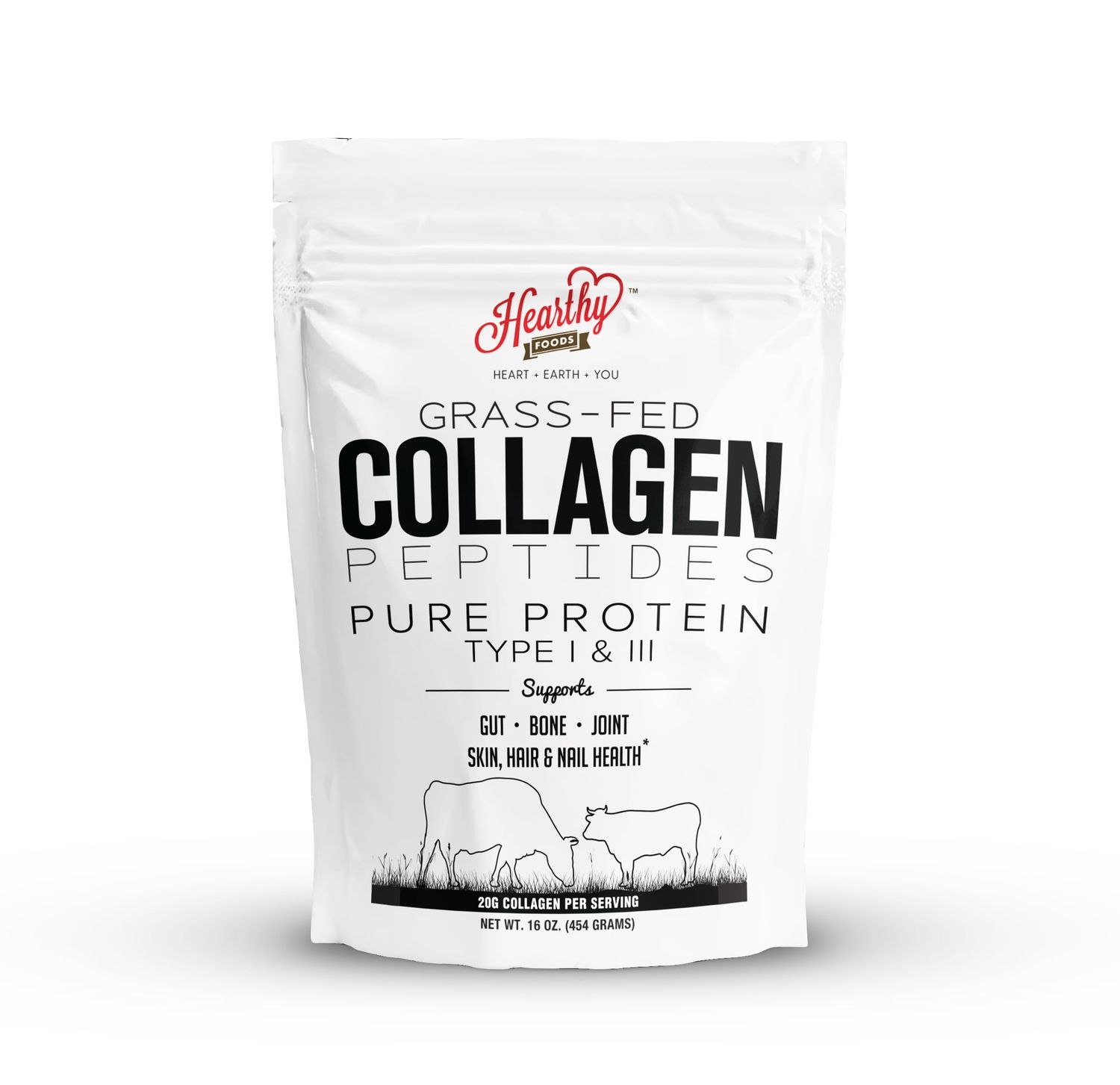 HEARTHY FOODS Collagen Powder - 18g Protein - Pure Halal Collagen Peptides Grass Fed Organic Hydrolyzed Powder  Type I and III Unflavoured Keto Friendly Gluten Free No Sugar Non GMO 16 Oz