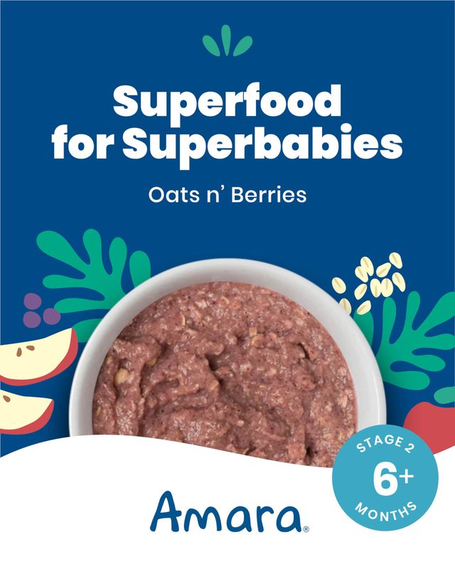 Amara Organic Baby Food - Stage 2 - Oats &amp; Berries - Baby Cereal to Mix With Breastmilk &amp; Water - Shelf Stable Baby Food Pouches Made from Organic Fruit and Veggies - 5 Pouches, 3.5oz Per Serving