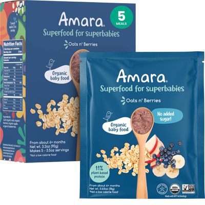 Amara Organic Baby Food - Stage 2 - Oats &amp; Berries - Baby Cereal to Mix With Breastmilk &amp; Water - Shelf Stable Baby Food Pouches Made from Organic Fruit and Veggies - 5 Pouches, 3.5oz Per Serving