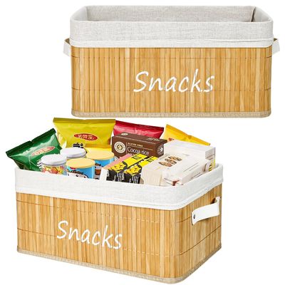 2 Pack Snack Organizer Storage Basket for Pantry Shelf and Countertop,Bamboo Snack Bin with Handle for Chips,Candy,Cookies,Kitchen Organization for Home