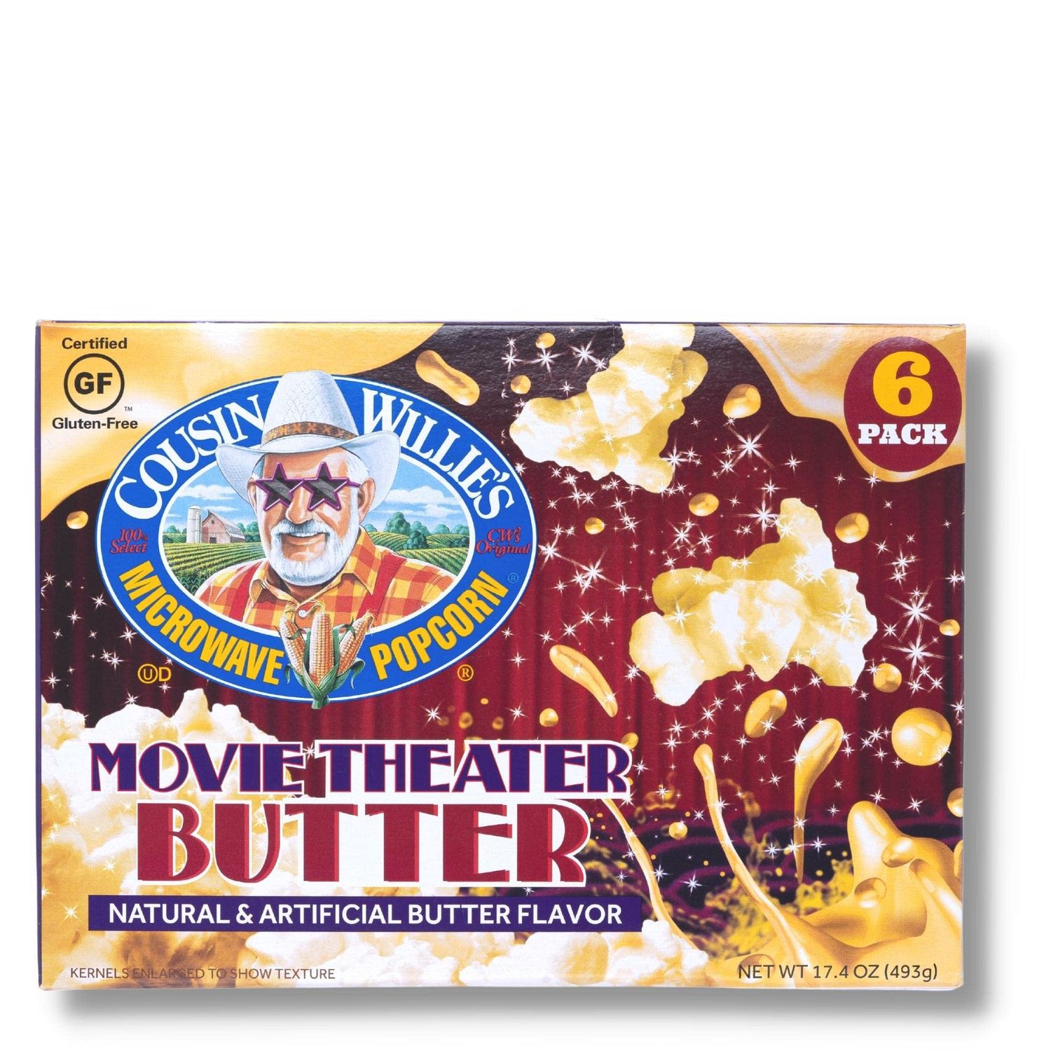 Cousin Willie&#39;s Microwave Popcorn Bags, Movie Theater Butter (6 Bags) Gourmet Popcorn Boxes for Party, Whole Grain Popcorn, Gluten Free, Low Calorie Healthy Snack, USA Made, non-GMO