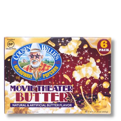 Cousin Willie&#39;s Microwave Popcorn Bags, Movie Theater Butter (6 Bags) Gourmet Popcorn Boxes for Party, Whole Grain Popcorn, Gluten Free, Low Calorie Healthy Snack, USA Made, non-GMO
