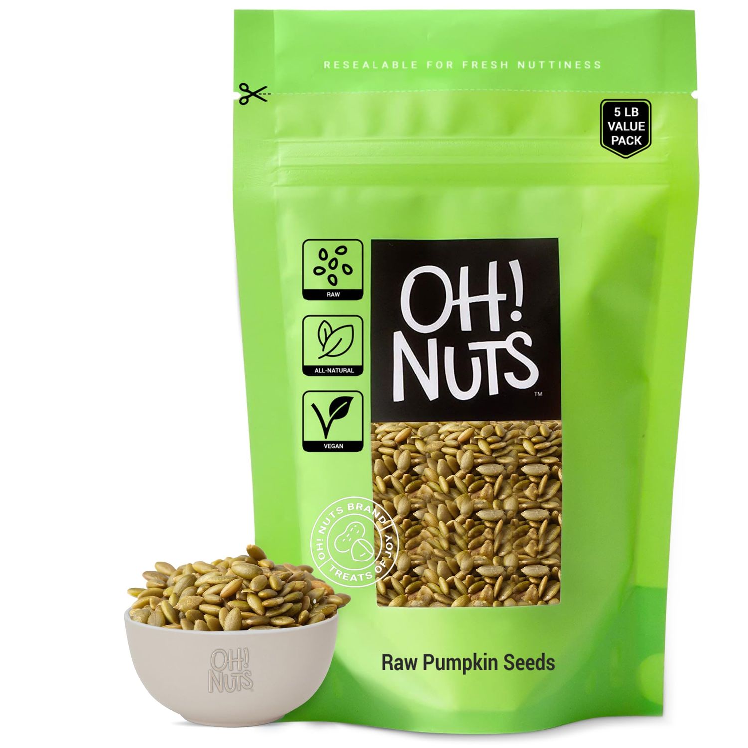 Pumpkin Seeds  Raw - 100% Natural  5 lb  Unshelled Pepitas Raw  Packed in New York Zip-Seal Bag for Exceptional Freshness by Oh Nuts
