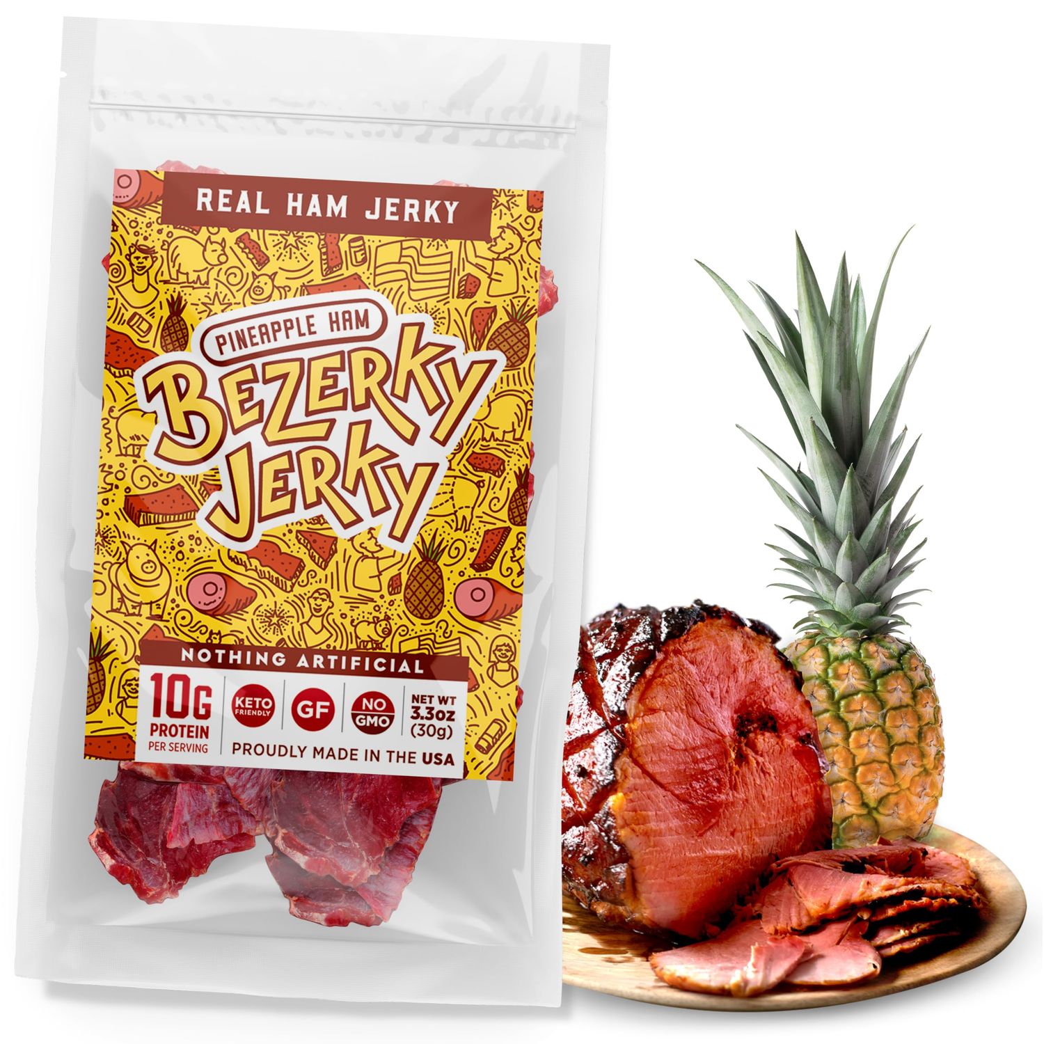 Bezerky Jerky Authentic American Ham, Keto-Friendly, Made with Premium Meat, Pineapple Jerky, All-Natural, Non-GMO &amp; Gluten-Free, On the Go High Protein Snack, 3.3 Oz (Pack of 1)