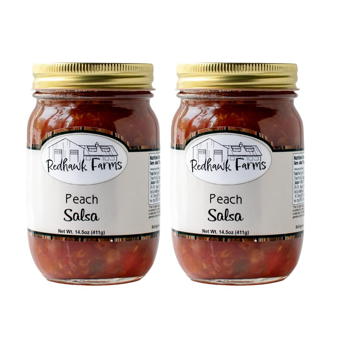 Redhawk Farms Peach Salsa - Sweet, Mild Salsa with Fresh Peaches and Peppers - All Natural Gourmet Dips &amp; Snacks - Made In The USA (14.5 oz, Pack of 2)