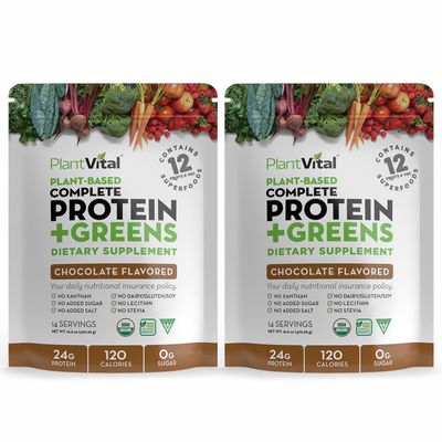 PlantVital Vegan Protein Powder Plant Based, Organic Protein Powder Chocolate, 24g/0g sugar, 12 Superfoods, Veggies, Probiotics, Raw Cocoa, Kale, Beets, Spirulina, Pea, Gluten-Free, Keto-Friendly,32oz