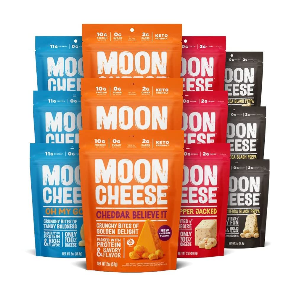 Moon Cheese Bites Bundle, Cheddar, White Cheddar, Gouda &amp; Get Pepper Jacked, 2-Ounce, 12-Pack, Lunch or Snack
