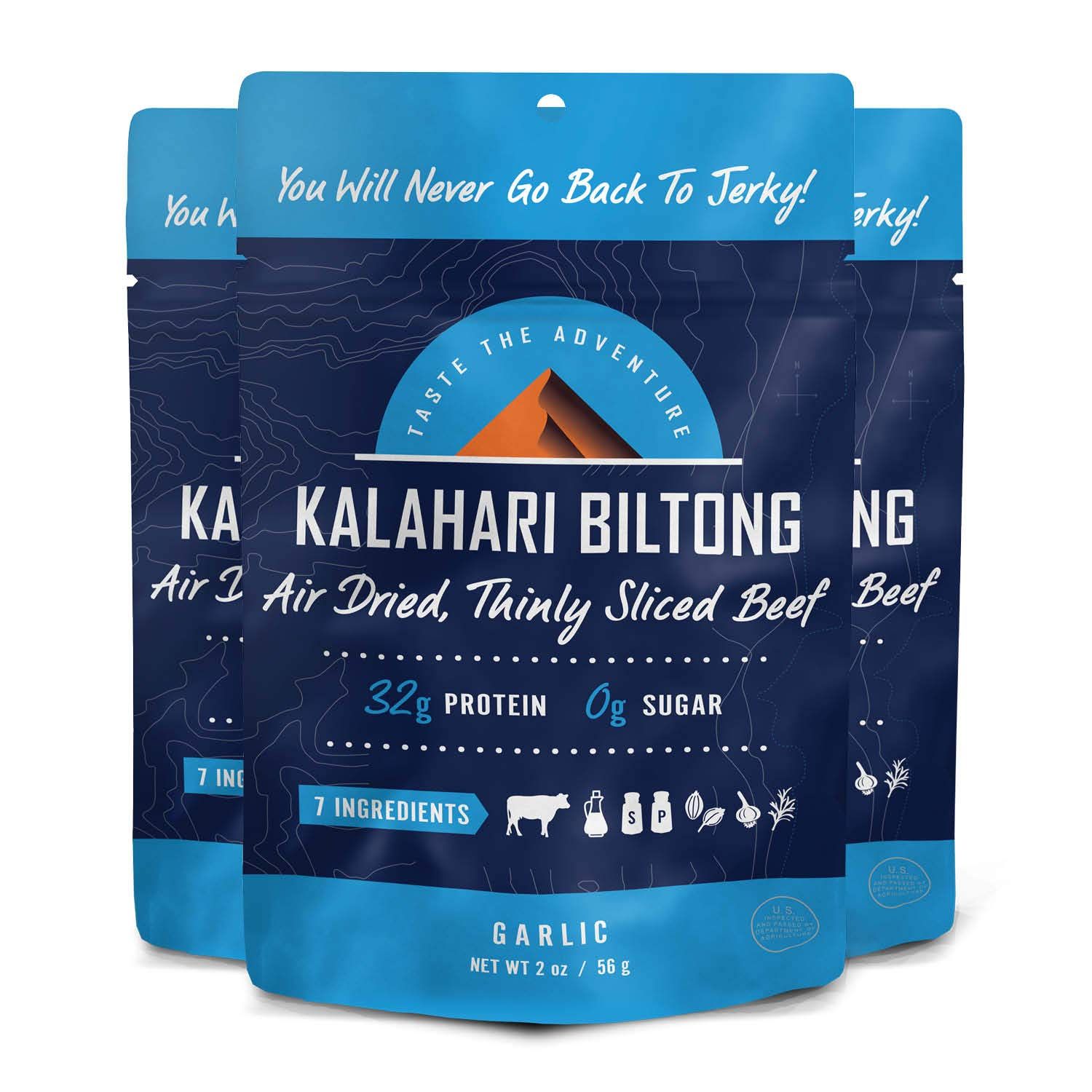 Garlic Kalahari Biltong, Air-Dried Thinly Sliced Beef, 2oz (Pack of 3), Sugar Free, Gluten Free, Keto &amp; Paleo, High Protein Snack